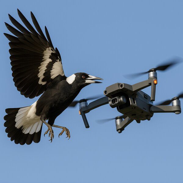 Birds attacking drones: An Australian magpie bird swooping and attacking a grey quadcopter drone mid-flight under a clear blue sky.