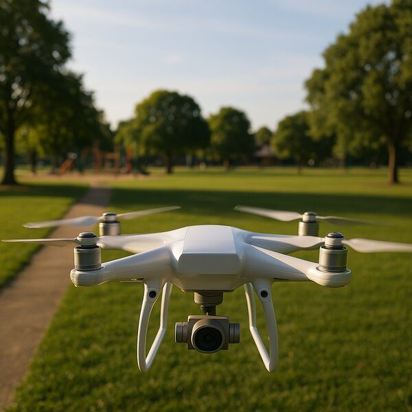 Can I fly a drone in a park – white quadcopter hovering in an Australian public park