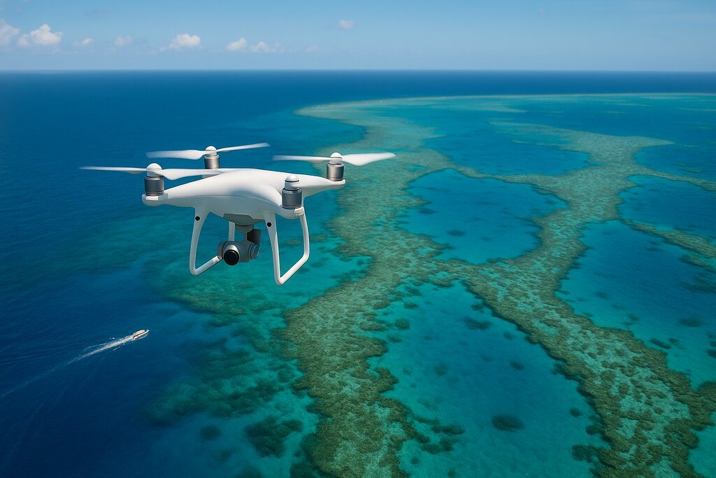 Aerial drone flying over vibrant coral formations, illustrating the topic: Can You Fly a Drone Over the Great Barrier Reef?