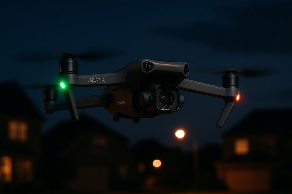Can you fly a drone at night? DJI Mavic 3 hovering over residential street with LED lights visible