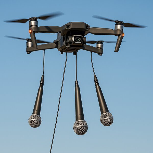 Do Drones Have Microphones? Drone flying with hanging microphones beneath it, illustrating audio recording questions