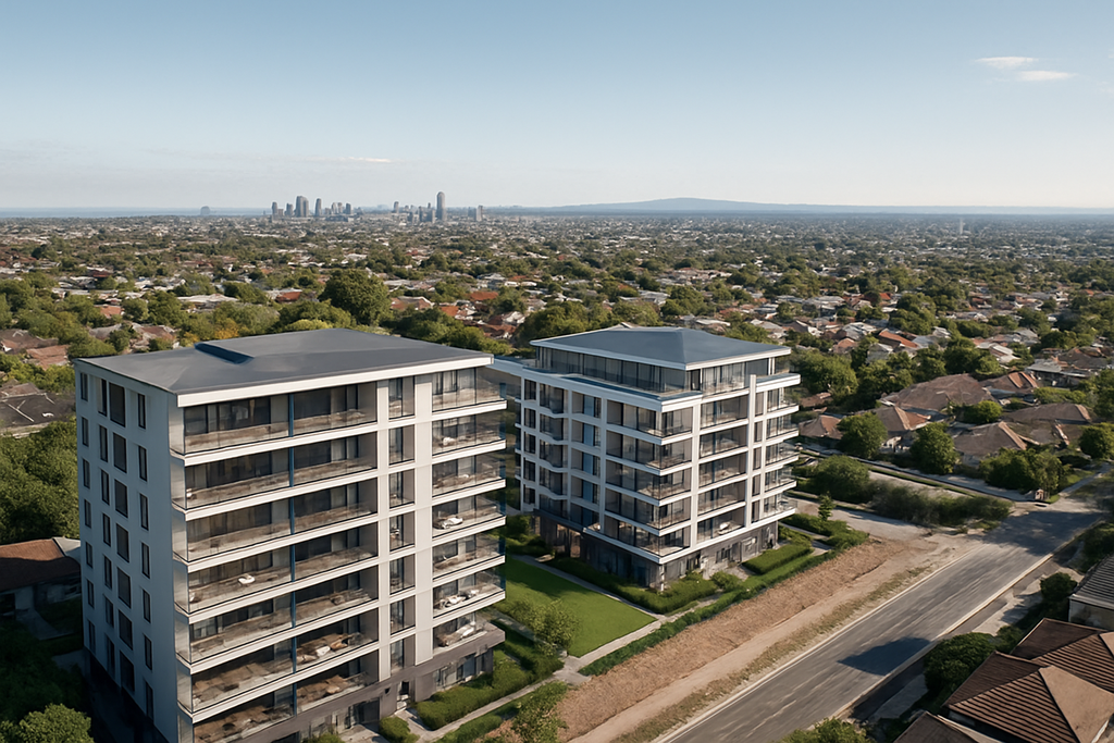 Aerial photo used for drone renders of a high-rise development with cityscape backdrop in Sydney Australia