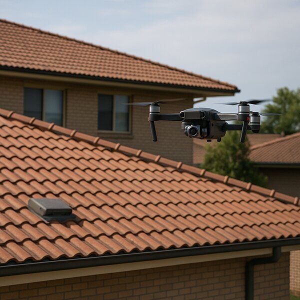 Drone roof inspection in Australia showing a drone surveying a large tiled rooftop