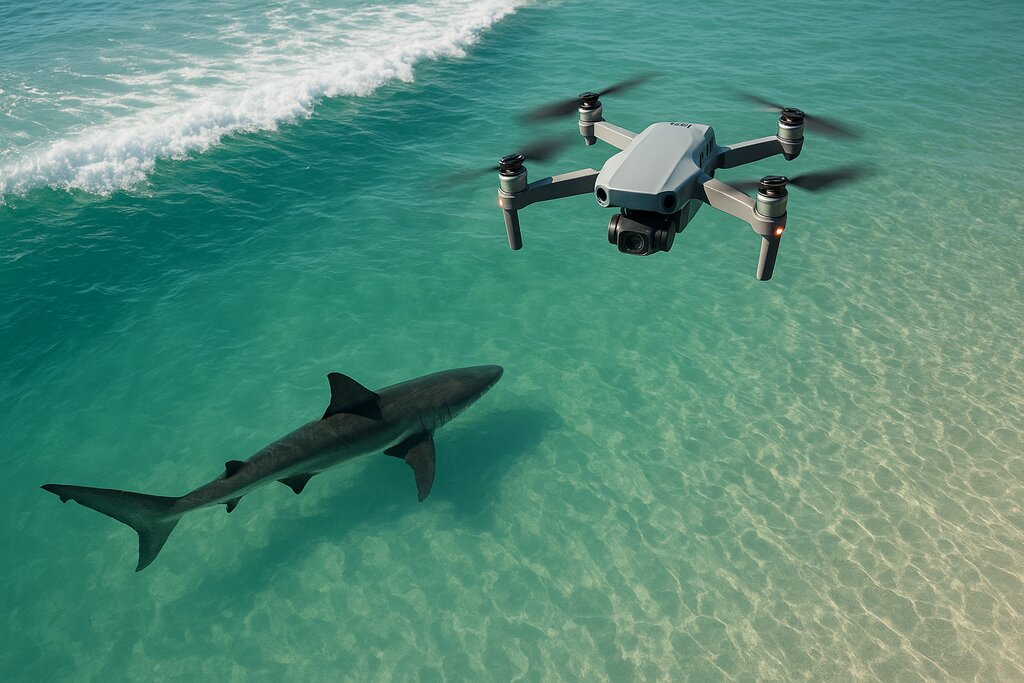 Drone shark detection using aerial drone over Australian beach with visible shark below