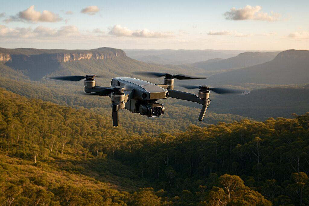 Flying a drone in a national park with Australian bushland below