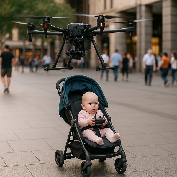 Baby in pushchair flying large industrial drone in public – illustrating the age limit for drone pilot