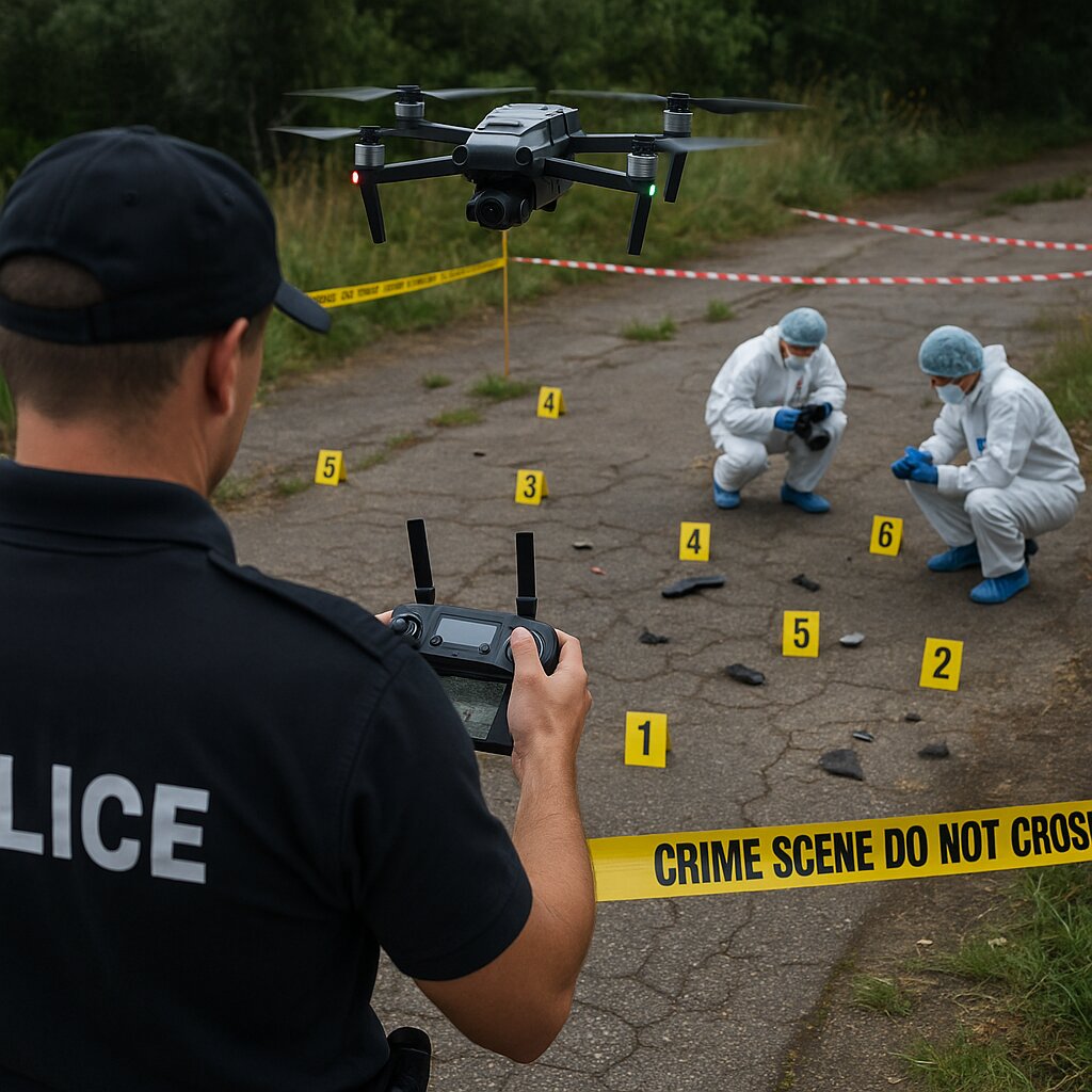 Aerial photography in forensic investigation with drone capturing evidence